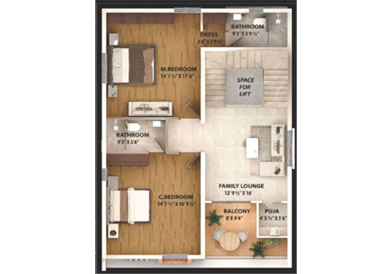 First floor plan of a T17 villa at Nestcon Meluha, one of the luxury villas in Shamirpet 