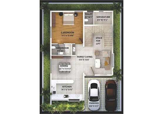Ground floor plan of a T17 villa at Nestcon Meluha, one of the luxury villas in Shamirpet 