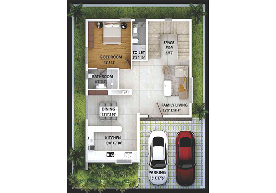 Ground floor plan of a T2 villa at Nestcon Meluha, one of the luxury villas in Shamirpet 
