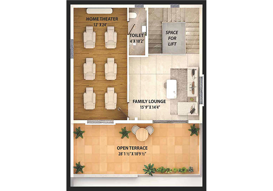 Second floor plan of a T2 villa at Nestcon Meluha, one of the gated communities near Thumkunta