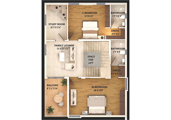First floor plan of a T14 villa at Nestcon Meluha, one of the gated communities near Thumkunta