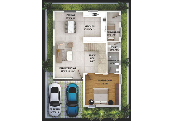 Ground floor plan of a T14 villa at Nestcon Meluha, one of the gated communities near Thumkunta
