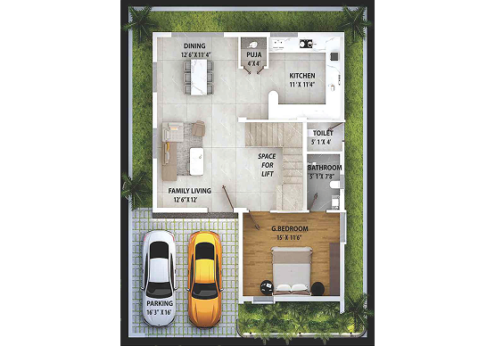 Ground floor plan of a T5 villa at Nestcon Meluha, one of the gated communities near Thumkunta